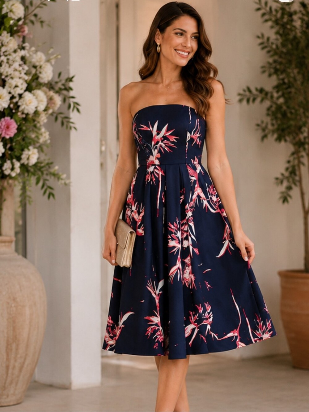 Eva Mendes navy strapless dress